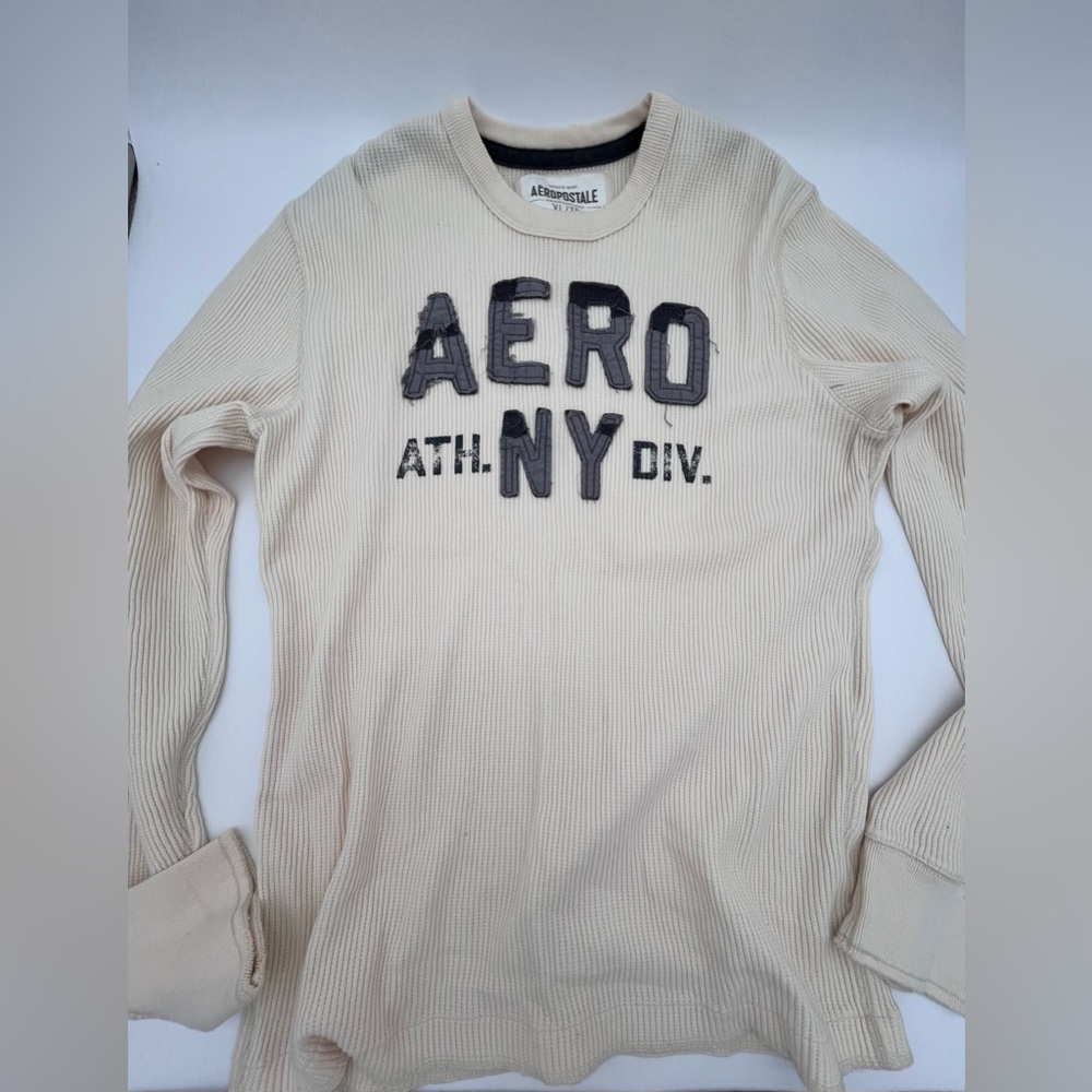 VTG Mens Aeropostale cream Ribbed Long Sleeve thermal Top patchwork logo 90s Y2K